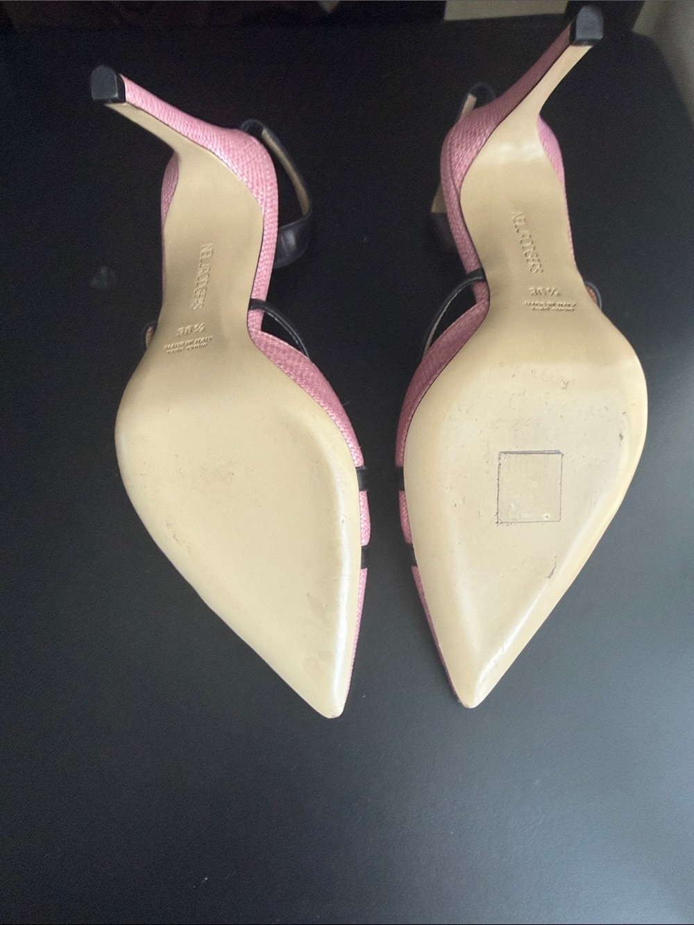 Pink Pointed Slingback Heels with Black Trim - Picture 6 of 6